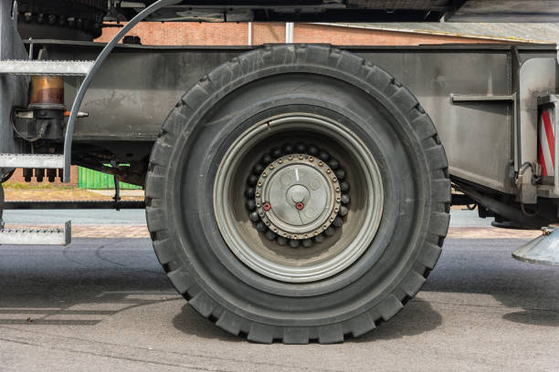 front of a rubber wheel of a truck